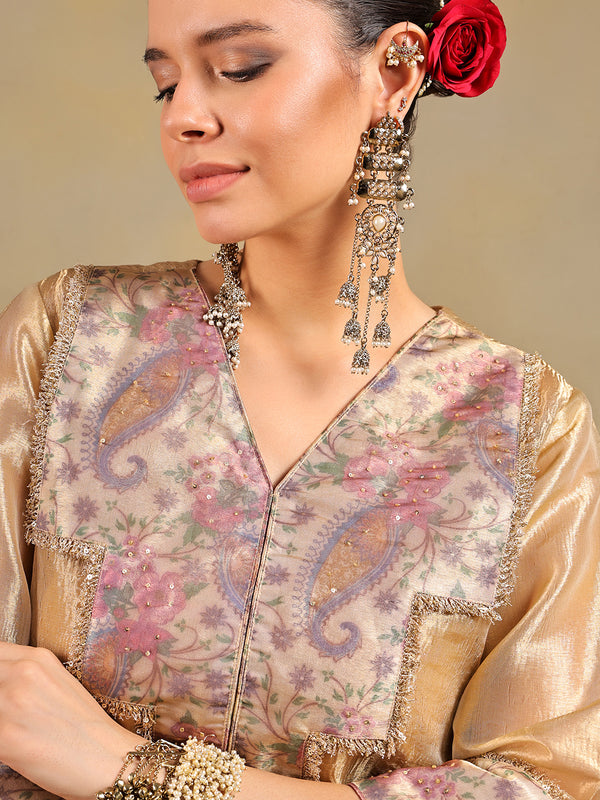 Golden Tissue-Silk Suit Set with Paisley Detailing