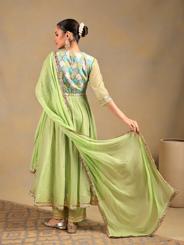 Pista Green Anarkali Set with Embroidered Jacket