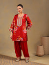 Red Chinnon Suit Set with Gold Embellished Drape