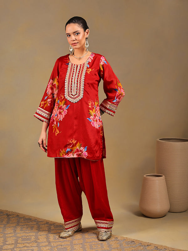 Red Chinnon Suit Set with Gold Embellished Drape