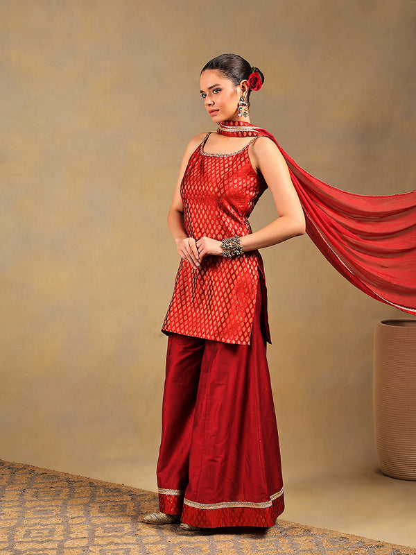 Maroon Brocade Short Kurti Set with Sharara Pants