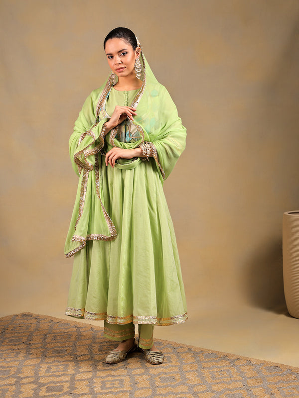 Pista Green Anarkali Set with Embroidered Jacket
