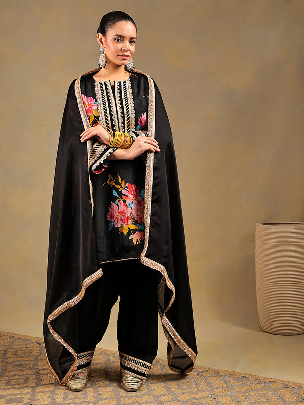 Black Chinnon Suit Set with Gold Embellished Drape