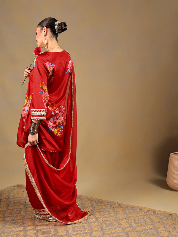 Red Chinnon Suit Set with Gold Embellished Drape