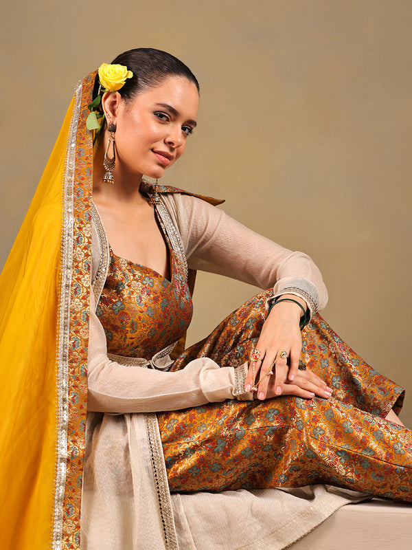 Mustard & Off-White Brocade Suit Set with Lace Jacket