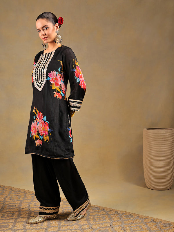 Black Chinnon Suit Set with Gold Embellished Drape