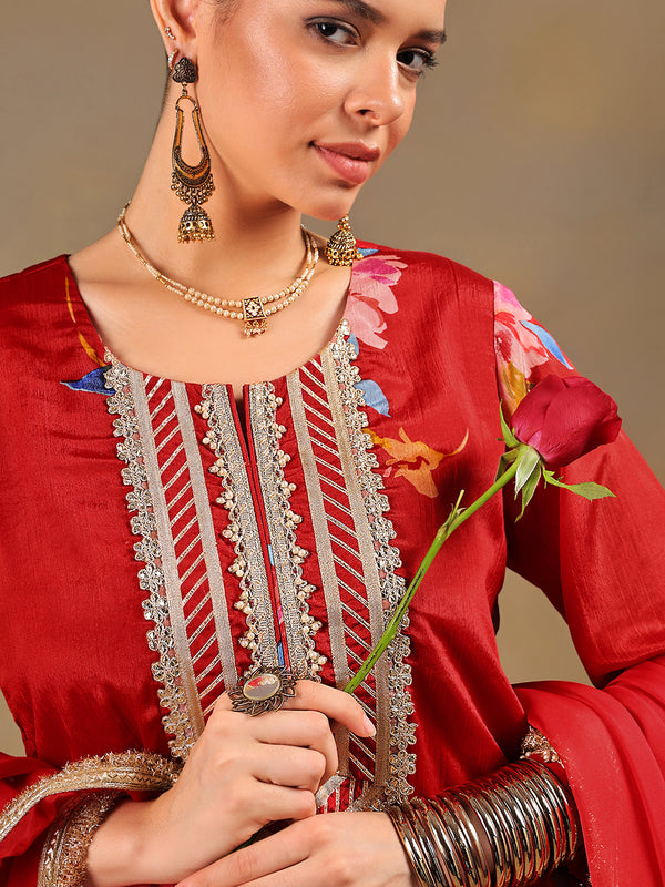 Red Chinnon Suit Set with Gold Embellished Drape