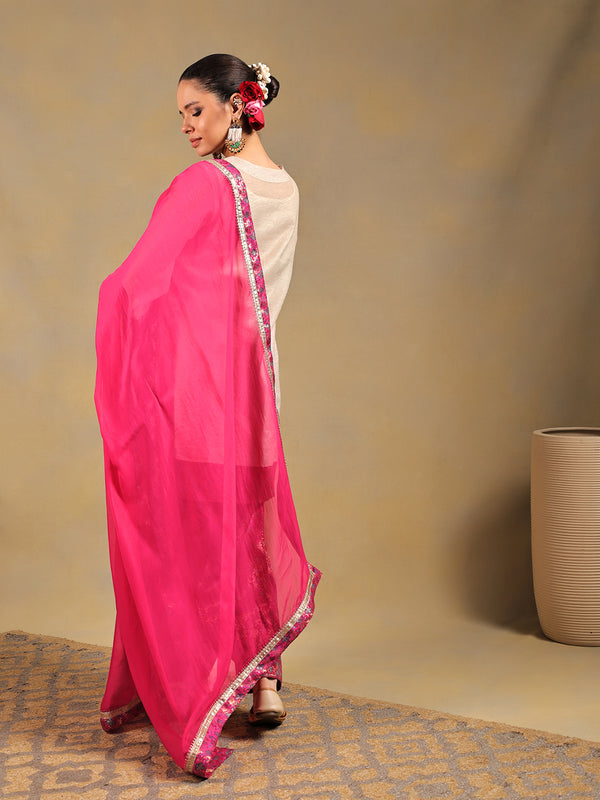 Off White & Rani Pink Embroidered Suit Set