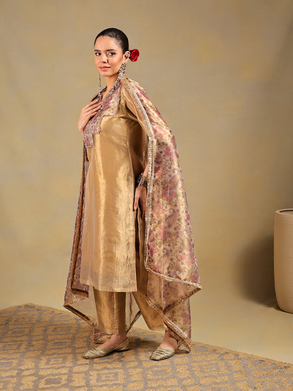 Golden Tissue-Silk Suit Set with Paisley Detailing