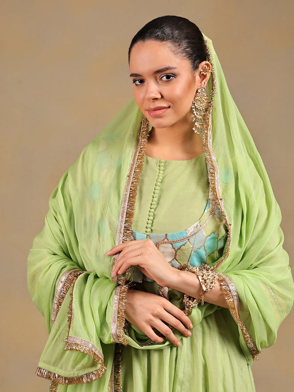 Pista Green Anarkali Set with Embroidered Jacket