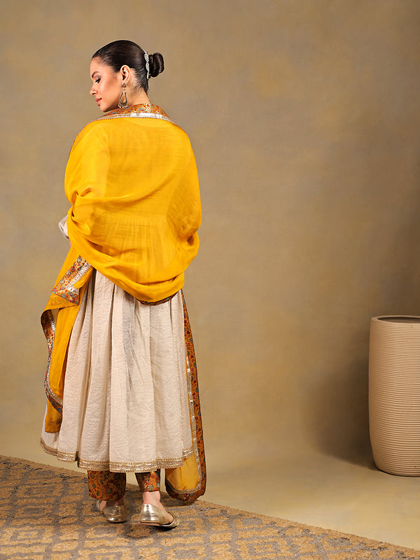 Mustard & Off-White Brocade Suit Set with Lace Jacket