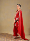Red Chinnon Suit Set with Gold Embellished Drape