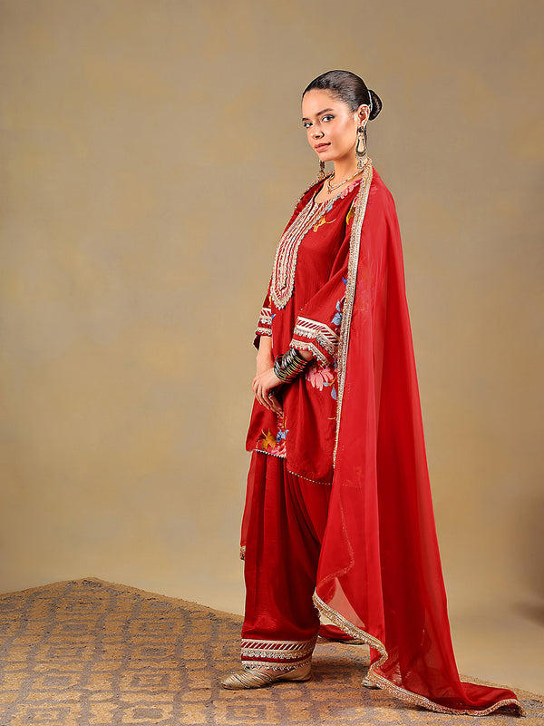 Red Chinnon Suit Set with Gold Embellished Drape