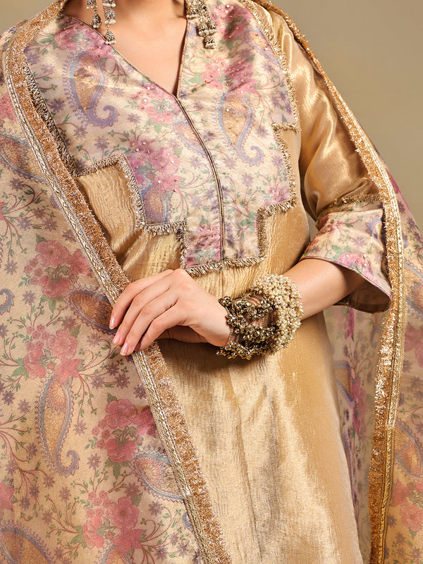Golden Tissue-Silk Suit Set with Paisley Detailing
