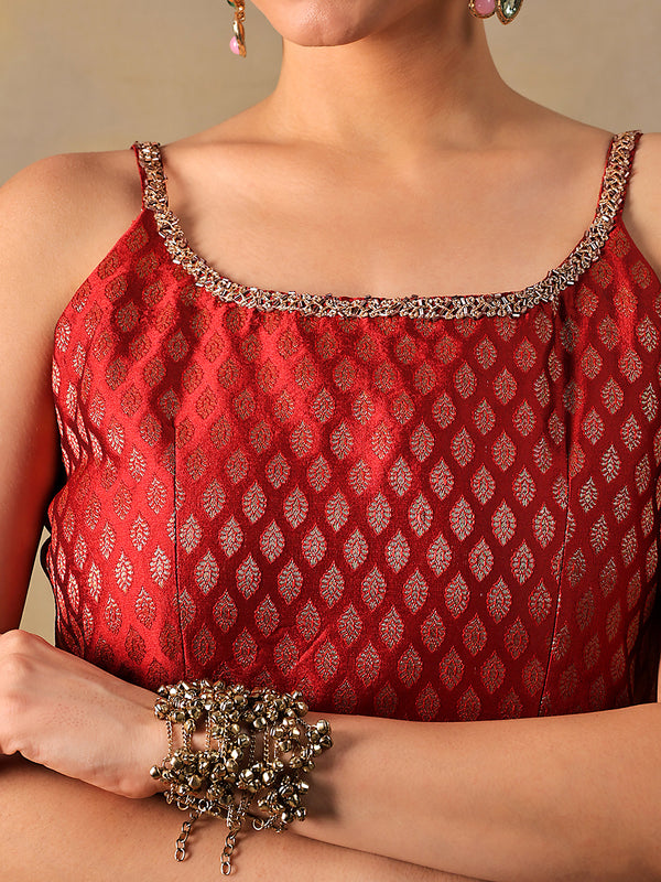 Maroon Brocade Short Kurti Set with Sharara Pants