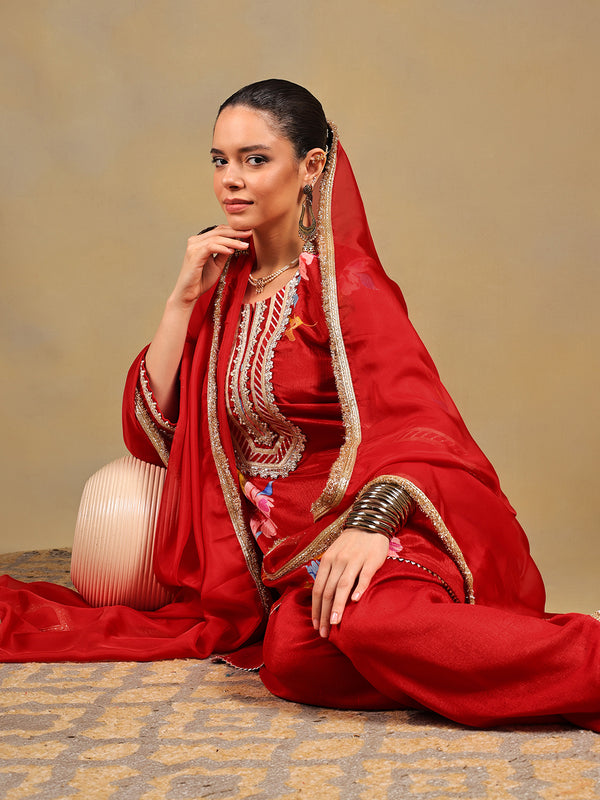 Red Chinnon Suit Set with Gold Embellished Drape