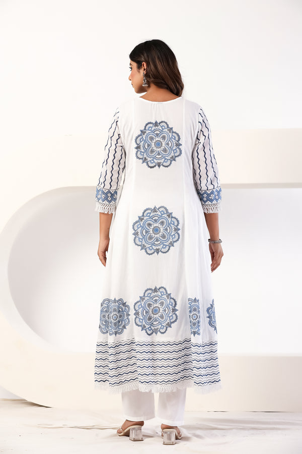 Blue Block Print Anarkali Suit Set