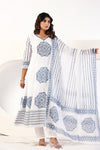 Blue Block Print Anarkali Suit Set