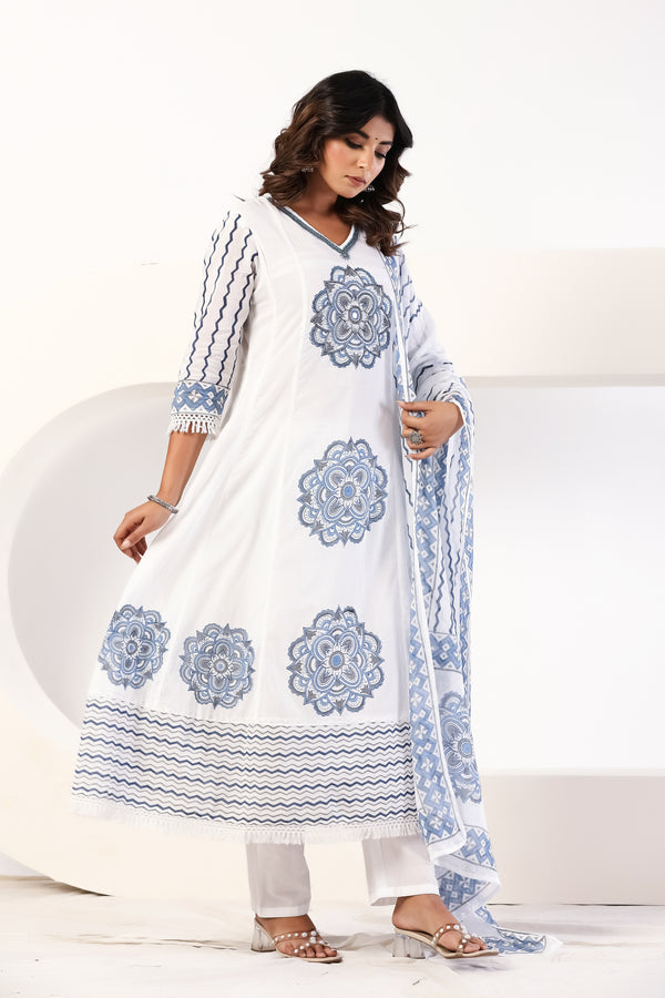 Blue Block Print Anarkali Suit Set