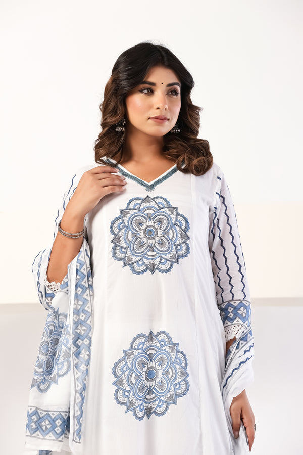 Blue Block Print Anarkali Suit Set