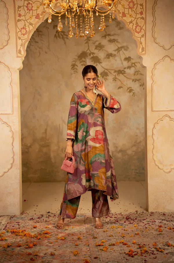 A-Line Kurta Set with Dupatta - Dark Mauve