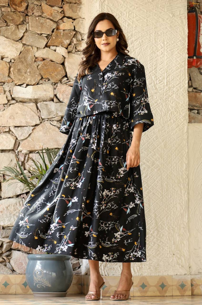 Black Multi-Color Printed Crop Top & Skirt Set in Natural Rayon