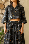 Black Multi-Color Printed Crop Top & Skirt Set in Natural Rayon