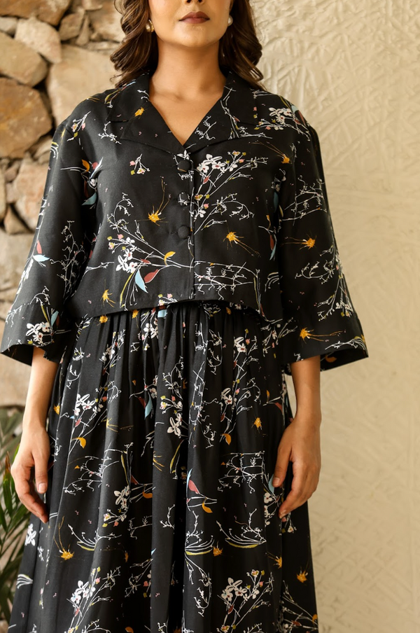 Black Multi-Color Printed Crop Top & Skirt Set in Natural Rayon
