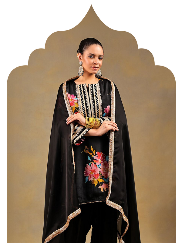 Black Chinnon Suit Set with Gold Embellished Drape