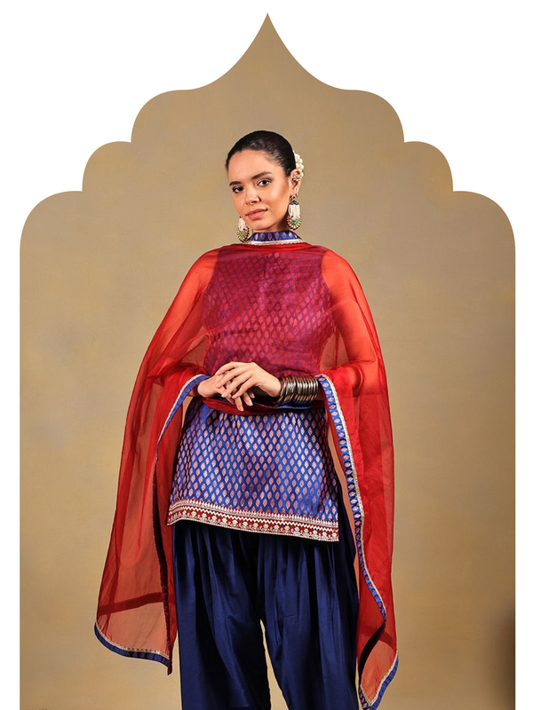Royal Blue Brocade Suit Set with Gold Detailing