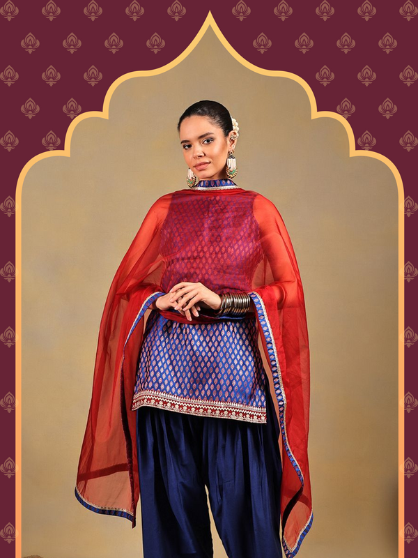 Royal Blue Brocade Suit Set with Gold Detailing