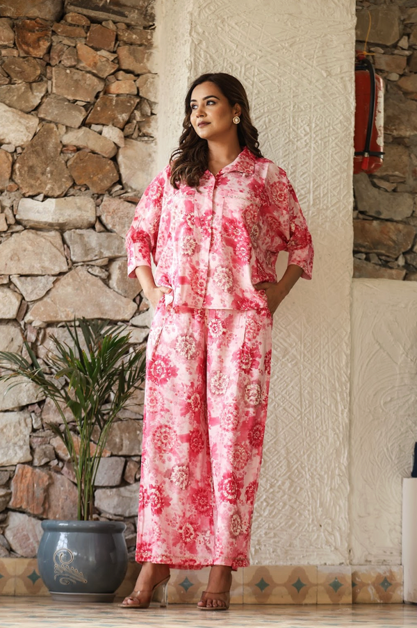 Bubble Pink Embroidered Pocket Coord Set in Rayon