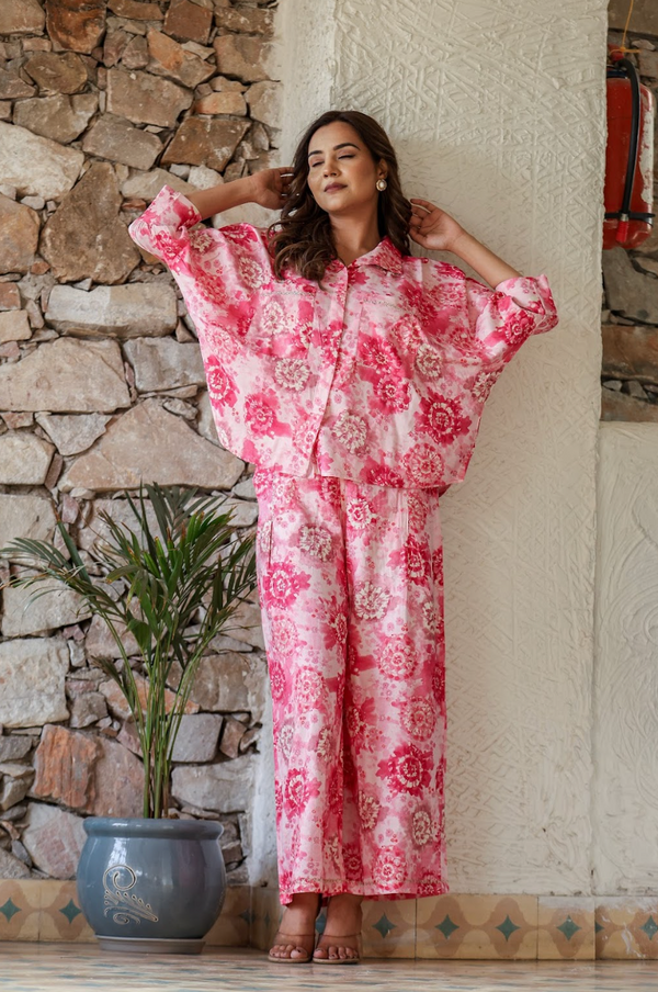 Bubble Pink Embroidered Pocket Coord Set in Rayon