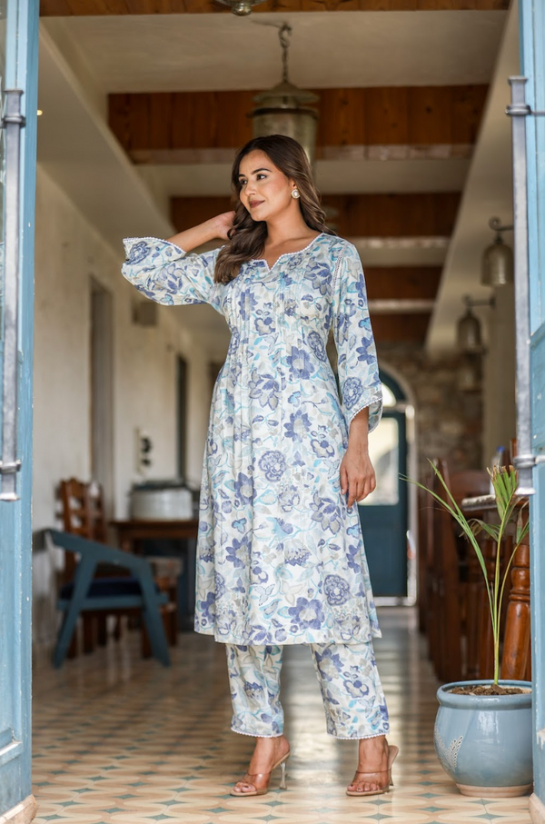 Digital Print Gazzi Silk Suit Set with Pintuck Detailing