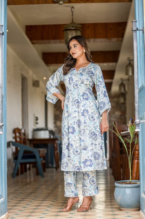 Digital Print Gazzi Silk Suit Set with Pintuck Detailing