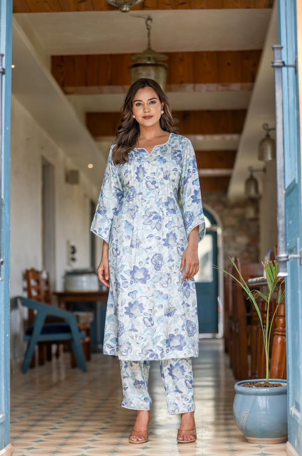 Digital Print Gazzi Silk Suit Set with Pintuck Detailing