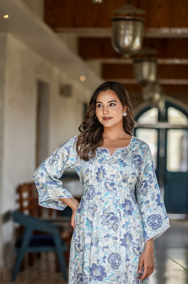 Digital Print Gazzi Silk Suit Set with Pintuck Detailing