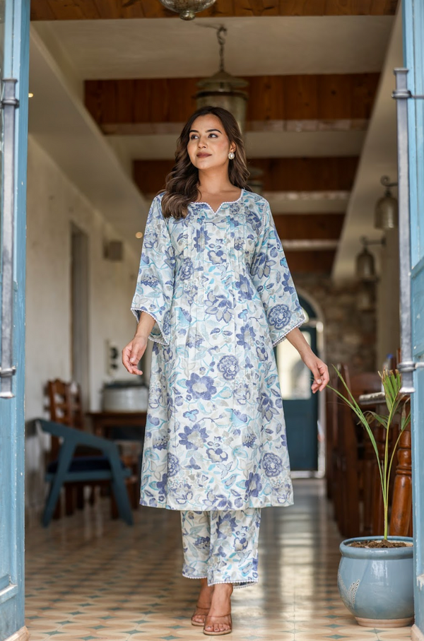 Digital Print Gazzi Silk Suit Set with Pintuck Detailing