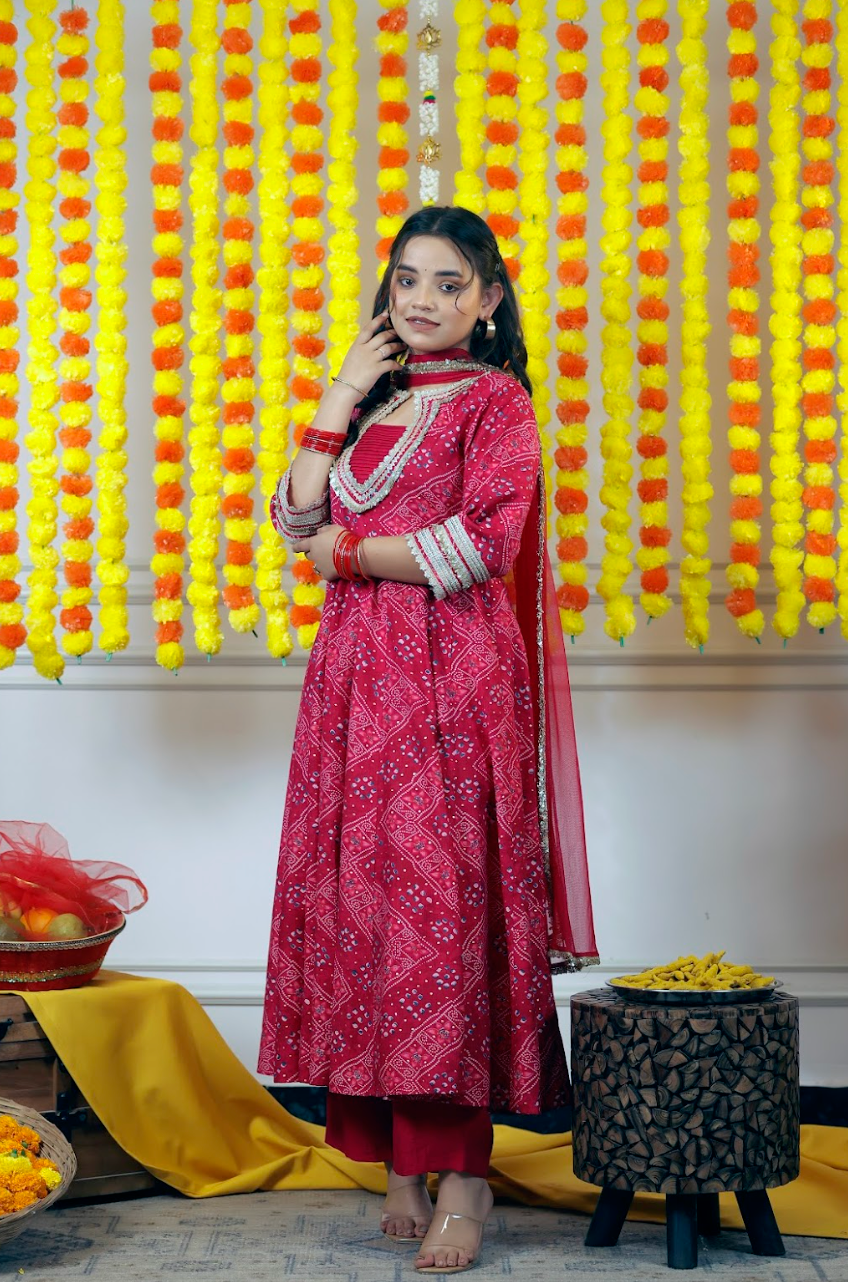 Flex Muslin Anarkali Kurta & Pants 3-Piece Set with Net Dupatta