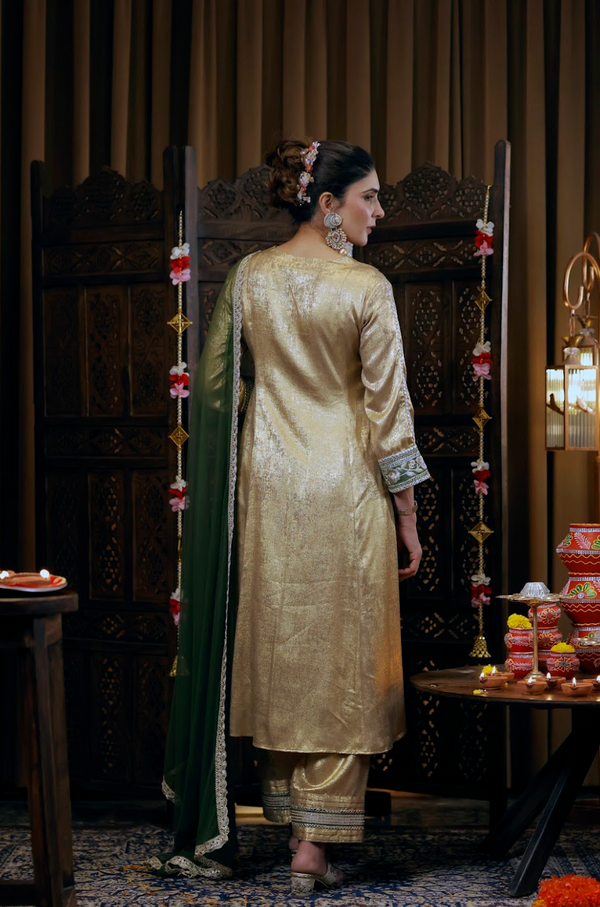Gold-Foil Nylon Viscose A-Line Kurta & Pants 3-Piece Set