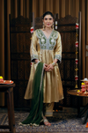 Gold-Foil Nylon Viscose A-Line Kurta & Pants 3-Piece Set