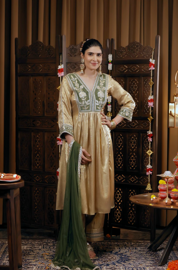 Gold-Foil Nylon Viscose A-Line Kurta & Pants 3-Piece Set