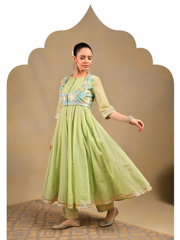 Pista Green Anarkali Set with Embroidered Jacket