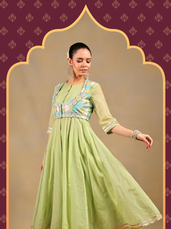 Pista Green Anarkali Set with Embroidered Jacket