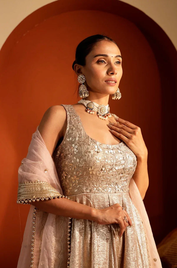 Hand-Embroidered Floor-Length Gown with Embellished Dupatta