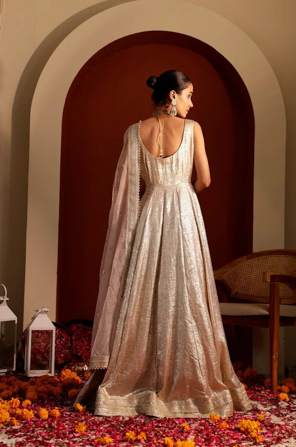Hand-Embroidered Floor-Length Gown with Embellished Dupatta