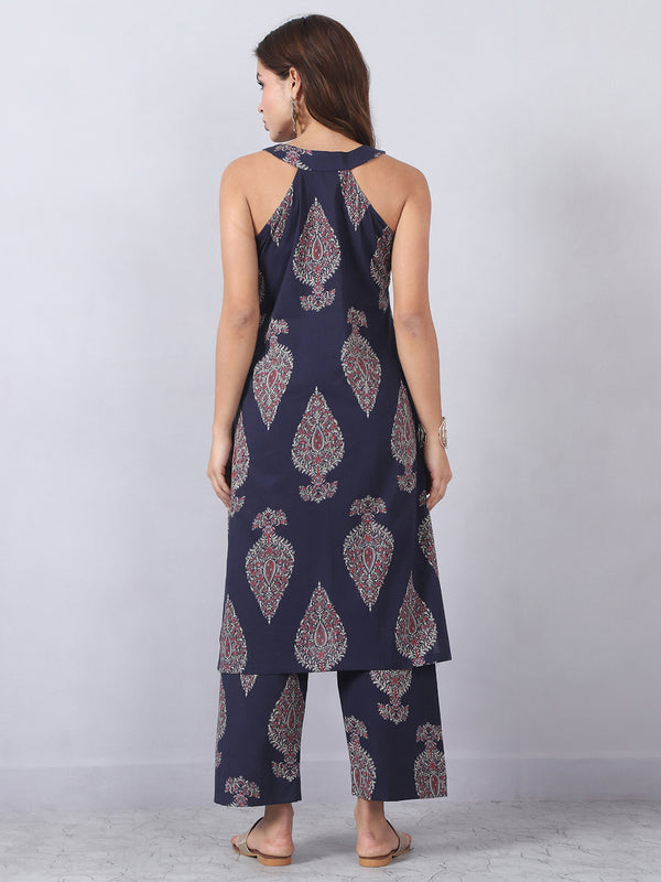 Blue and Maroon Sleeveless Kurta Set