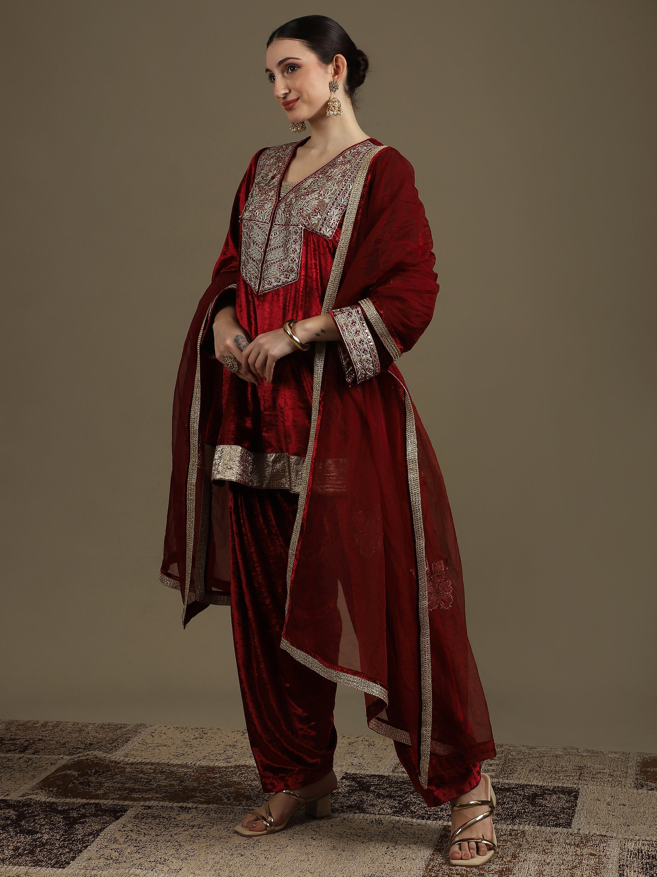 Choga Style Mehroon Farshi Salwaar Set with Dupatta