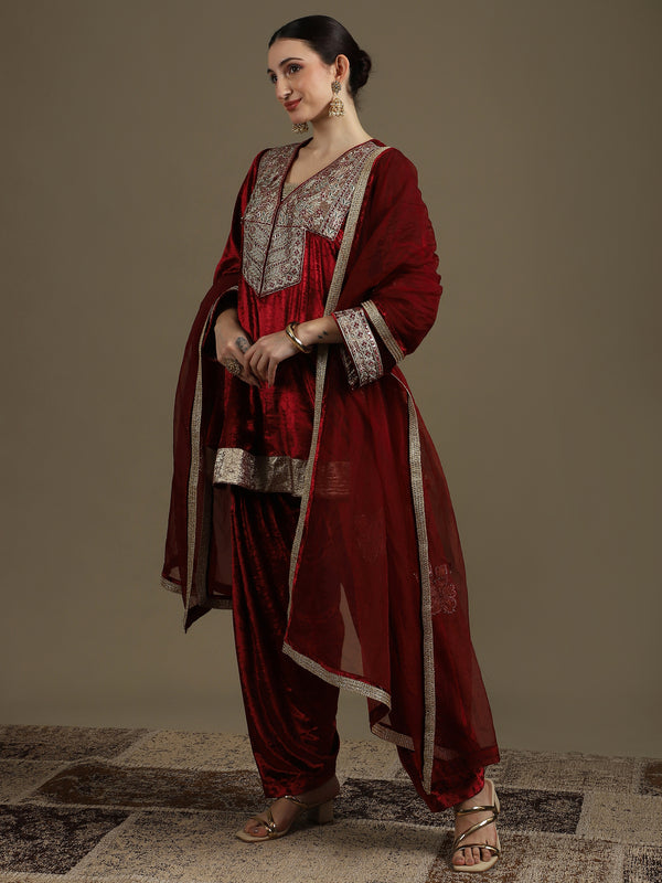 Choga Style Mehroon Farshi Salwaar Set with Dupatta