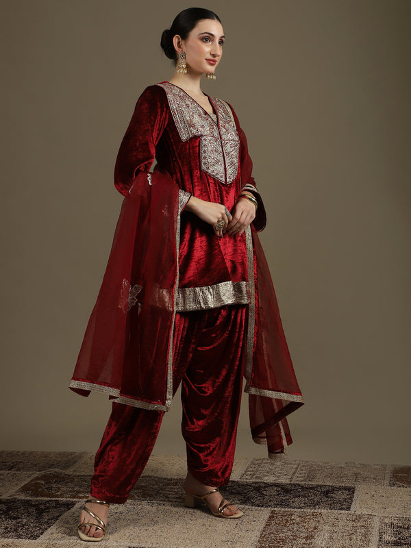 Choga Style Mehroon Farshi Salwaar Set with Dupatta